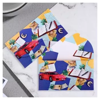 Конверт для денег "Поздравительный" глитер, машина, записи, 19х9 см