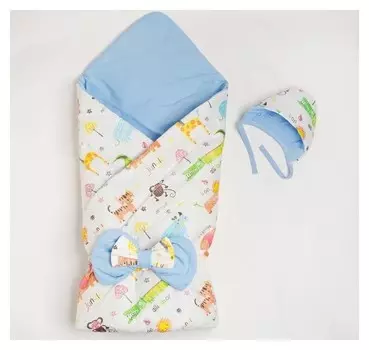 Конверт на выписку 2 предмета с животнами цвет голубой