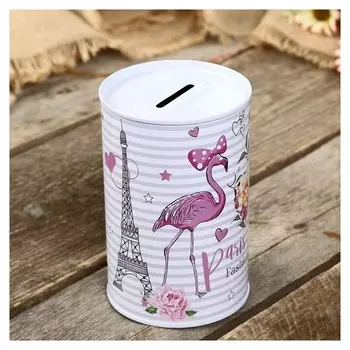 Копилка металл банка "Фламинго, цветы и париж" 12х8х8 см