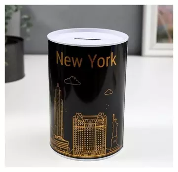 Копилка металл банка "Нью-йорк" золото с чёрным 15х10х10 см