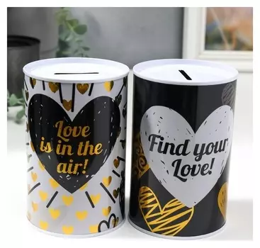Копилка металл банка "Сердца" чёрно-белая с золотом 12х8х8 см