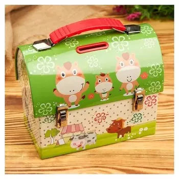 Копилка металл сундучок "Коровки и лошадки" 13х16х8,5 см