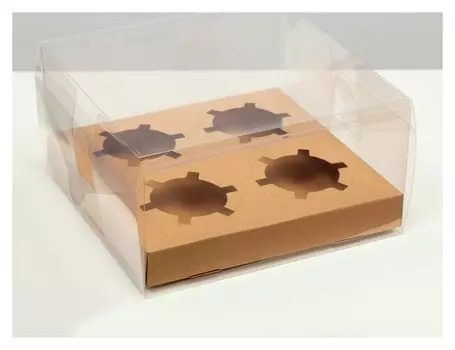 Коробка на 4 капкейка, крафт, 18,5 × 18 × 10 см