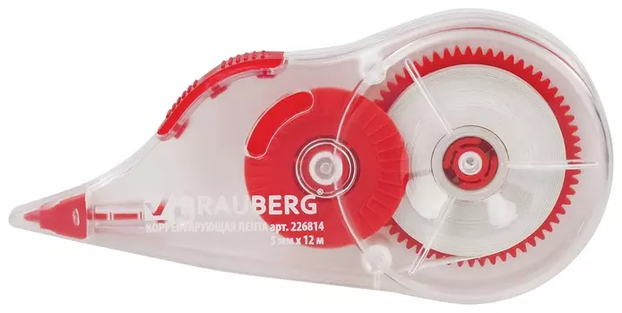 Корректирующая лента Brauberg 5 мм х 12 м, корпус прозрачный, механизм перемотки, блистер, 226814