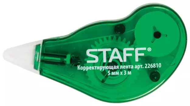 Корректирующая лента Staff, 5 мм х 3 м, корпус зеленый, с подкручиванием, блистер