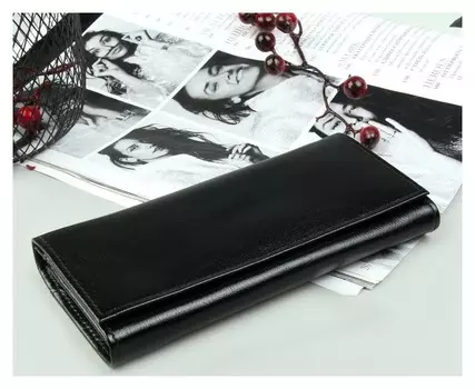 Кошелёк женский, 3 отдела на клапане, Натуральная кожа, цвет чёрный