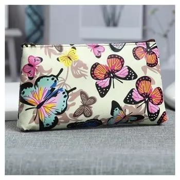 Косметичка простая Бабочки, отдел на молнии, цвет бежевый
