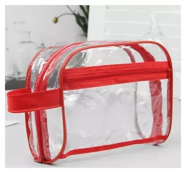 Косметичка пвх, отдел на молнии, наружный карман, с ручкой, цвет красный