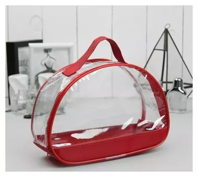 Косметичка пвх, отдел на молнии, прозрачная, с ручкой, цвет красный