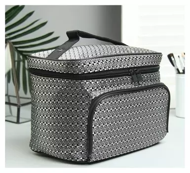 Косметичка-сундучок, отдел на молнии, наружный карман, зеркало, цвет чёрный