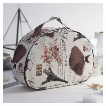 Косметичка-сундучок, отдел на молнии, с ручкой, цвет белый/коричневый