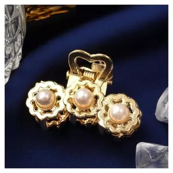 Краб для волос "Маргарита" цветочки жемчуг, 3 см, золото