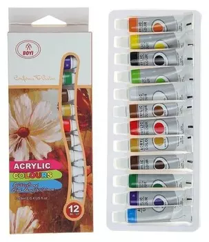 Краски акриловые, 12 цветов, в пластиковой тубе, 9 мл, в картонной коробке