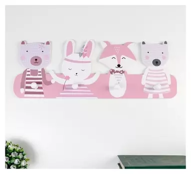 Крючки декоративные дерево "Зверята" розовые 18х50х4,5 см