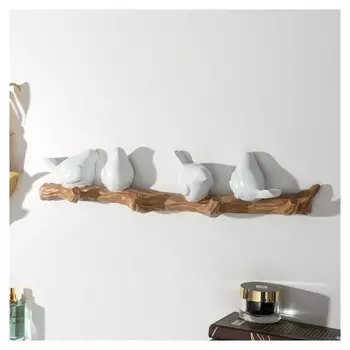 Крючки декоративные полистоун "Четыре птички на ветке" белые 10,5х6х45 см