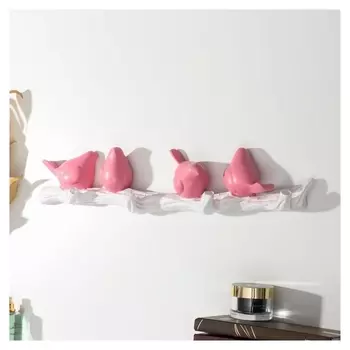 Крючки декоративные полистоун "Четыре птички на ветке" розовые 10,5х6х45 см