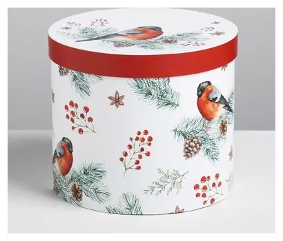 Круглая подарочная коробка «Снегири», 14 × 16 см