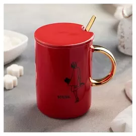 Кружка 400 мл "Тренд", с керамической крышкой и ложкой, рисунок и надписи