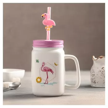 Кружка 450 мл "Фламинго", с металлической крышкой и трубочкой