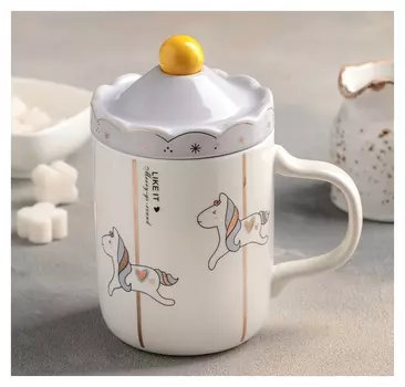 Кружка «Карусель», 480 мл, с керамической крышкой и ложкой, рисунок