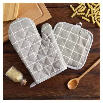 Кух. набор 2 пр. доляна "Клетка" цв.серый, прих. 17*17 см, рукав. 26*16 см,100% п/э