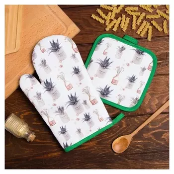 Кухонный набор доляна «Цветы», прихватка 17*17 см, рукавица 26*16 см,100% п/э