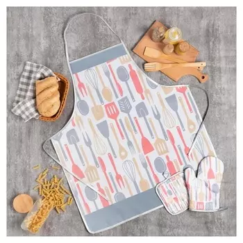 Кухонный набор доляна «Кухня», прихватка 17*17 см, рукавица 26*16 см, фартук 70*80 см 100% п/э