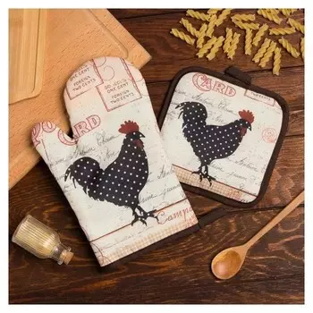Кухонный набор доляна «Петух», прихватка 17*17 см, рукавица 26*16 см,100% п/э