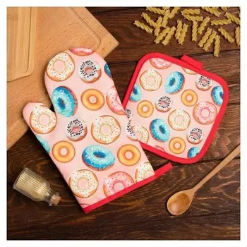 Кухонный набор доляна «Пончики», прихватка 17*17 см, рукавица 26*16 см,100% п/э