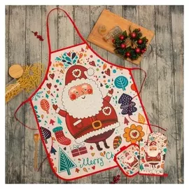Кухонный набор доляна «Санта», прихватка 17*17см,варежка 26*16см,фартук 60*80 см 100% п/э