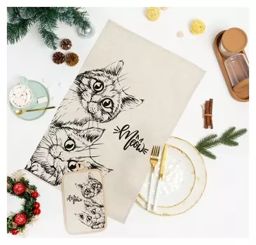 Кухонный набор «Любопытные» (Полотенце 39х60+прихватка 18х18) состав: 50% лён,50% хлопок, 160г/м²