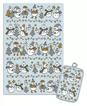 Кухонный набор снеговики и елки (Полотенце 39х60+прихватка 14,5х22), серо-голубой, хлопок 10