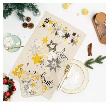 Кухонный новогодний набор «Звёзды» (Полотенце 39х60+прихватка 18х18) состав: 50% лён, 50% хлопок, 160г/м²