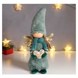 Кукла интерьерная "Ангел в бирюзовом наряде и меховом колпаке, с сердцем" 41х12х13 см