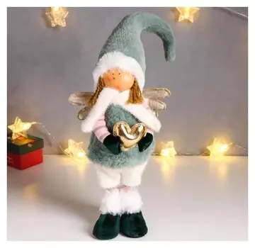 Кукла интерьерная "Ангелок в шубк и колпаке бирюзового цвета, с сердцем" 56х11х14 см