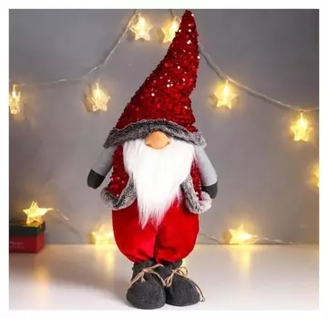 Кукла интерьерная "Дед мороз в красном колпаке и жилетке с пайетками" 55х16х22 см