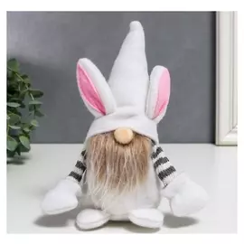 Кукла интерьерная "Гном в шапке с зайчьими ушами" белый с полосатыми рукавами 22х7х6 см