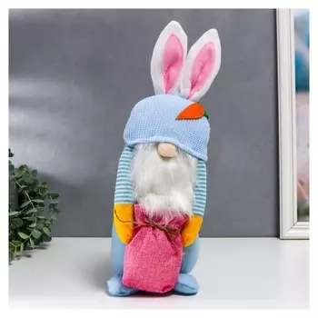 Кукла интерьерная "Гном в шапке с зайчьими ушами, с мешком" голубой 40х14 см