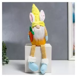 Кукла интерьерная "Гном в шапке с зайчьими ушами, с морковью" длинные ножки жёлтый 26х7х6 см 75095