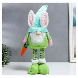 Кукла интерьерная "Гном в шапке с зайчьими ушами, с морковью" зелёный, раздвижной 44-55 см