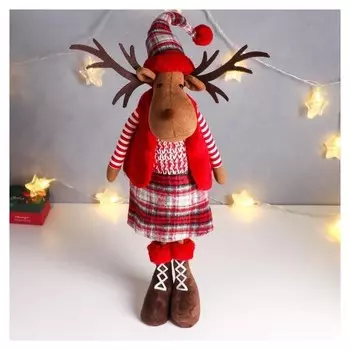 Кукла интерьерная "Олешка в юбке в клетку и колпаке, красном жилете" 75х16х19 см