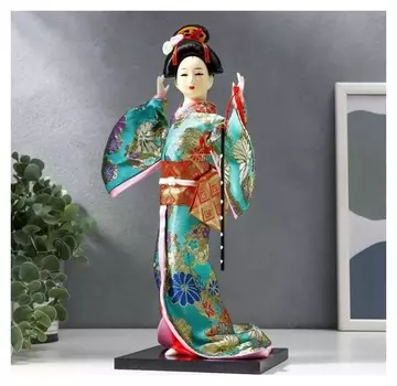 Кукла коллекционная "Гейша в бирюзовом кимоно с цветами" 32х13х13 см