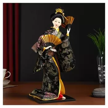 Кукла коллекционная "Гейша в черно-золотом кимоно с веерами"