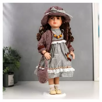 Кукла коллекционная керамика "Кристина в платье с серыми полосками" 40 см