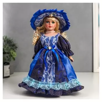 Кукла коллекционная керамика "Леди есения в ярко-синем платье" 30 см