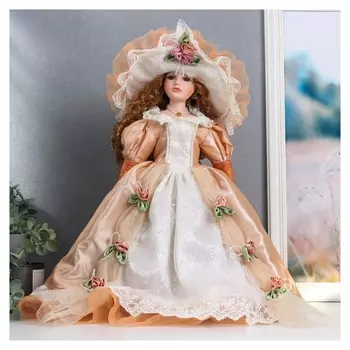Кукла коллекционная керамика "Леди виктория в нежно-персиковом платье, с зонтом" 45 см