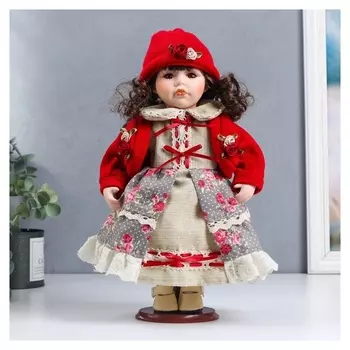 Кукла коллекционная керамика "Лиза в платье с цветами, в красном жакете" 30 см