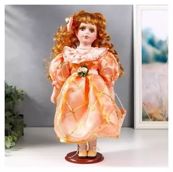 Кукла коллекционная керамика "Малышка Зоя в кремово-розовом платье с сумочкой" 40 см