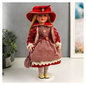 Кукла коллекционная керамика "Машенька в коралловом платье и бордовом жакете" 40 см