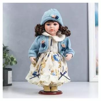 Кукла коллекционная керамика "Машенька в платье с цветами, в голубой кофточке" 30 см